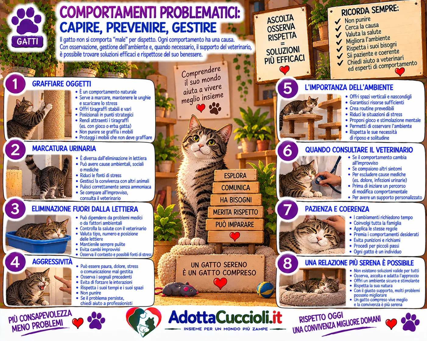 Gestire alcuni comportamenti problematici: graffi, marcature, eliminazioni inappropriate e aggressività