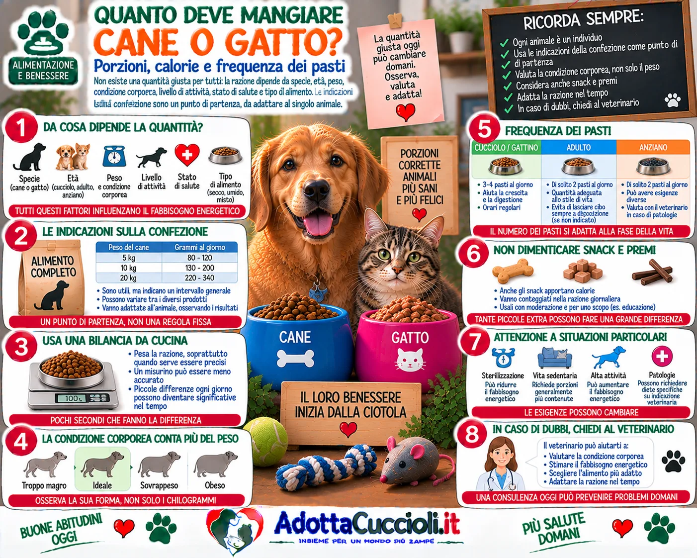 Quanto deve mangiare cane o gatto: porzioni, calorie e frequenza dei pasti
